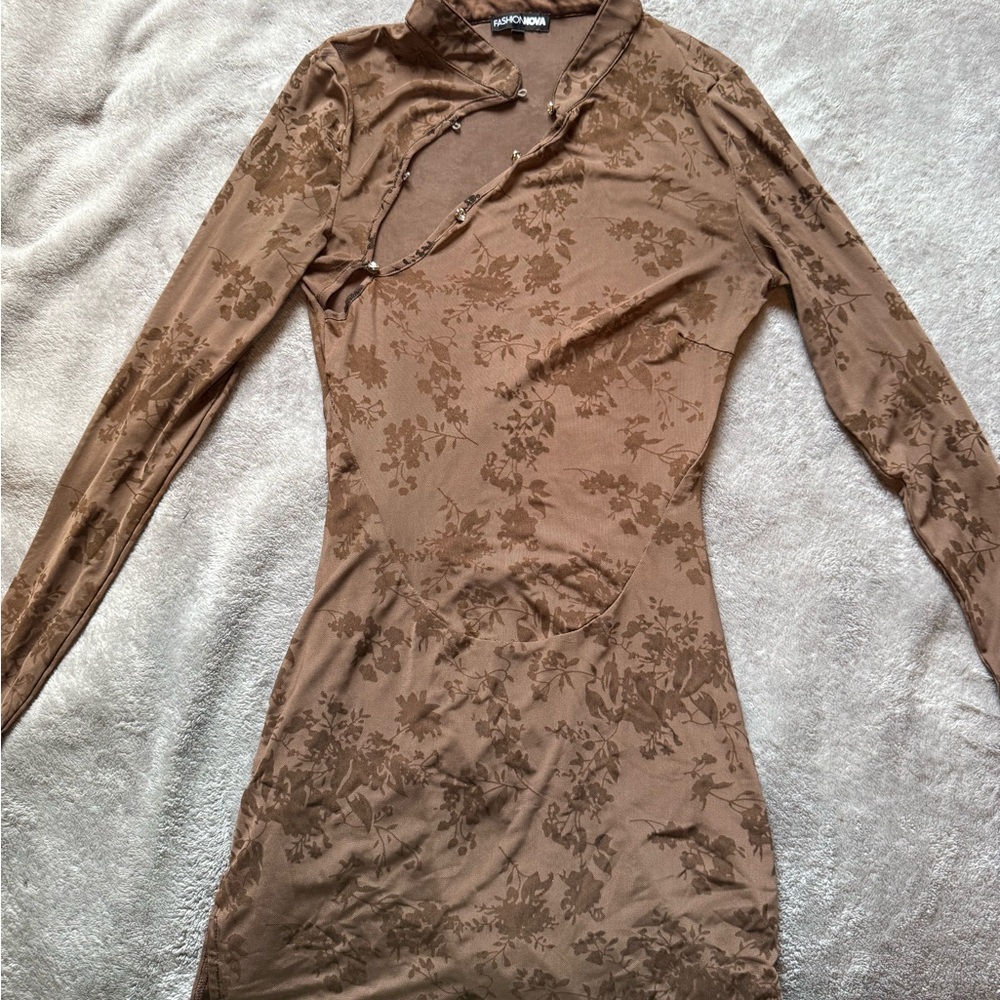 Fashion Nova Taupe Floral Long Sleeve Dress